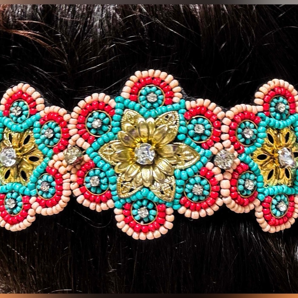 NEW - Colorful Beaded Floral Gold & Rhinestone Headband Headwrap Bohemian Chic - Picture 3 of 3